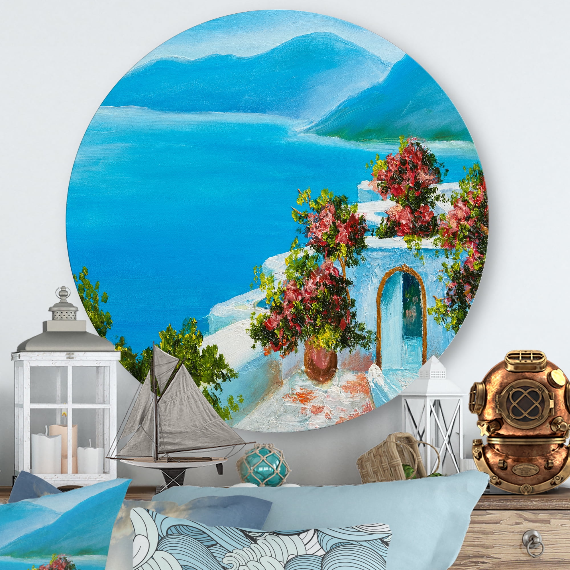 Designart 'House With Colorful Flowers Near The Sea I' Nautical & Coastal Circle Metal Wall Art 23x23 - Disc of 23