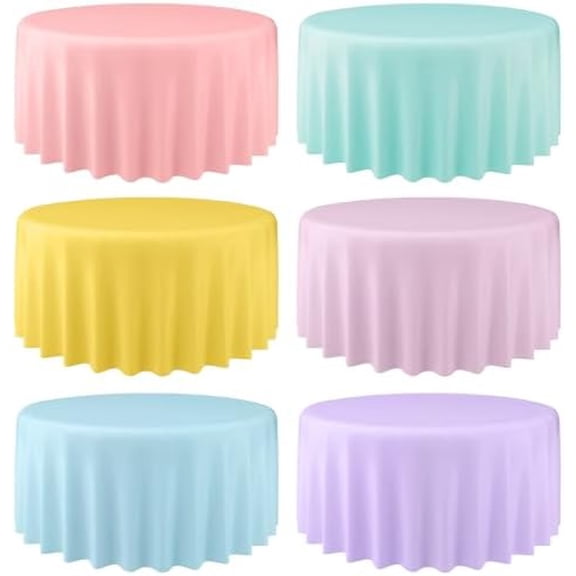 12 Pcs Round Tablecloth 84 Inch Plastic Disposable Table Cover Stain and Wrinkle Resistant Tablecloths for Graduation Baby Shower Wedding Party Decoration (Macaron Color)