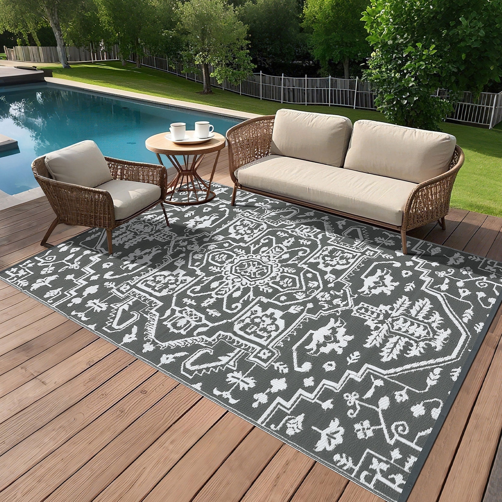 Garvee Large Waterproof Outdoor Rug, 9'x12' Reversible Plastic Straw Patio Rug Vintage Boho Camping Rugs UV-Resistant Outdoor Carpet for RV, Porch Deck Backyard Balcony, Gray