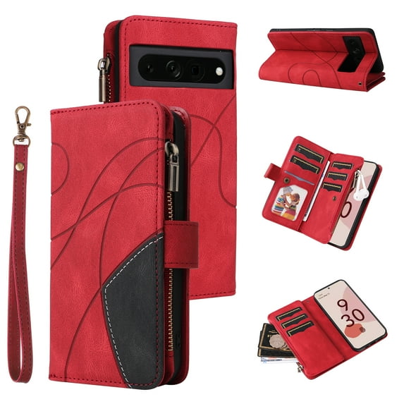 Jiahe Cover For Google Pixel 7 Pro 6.7 inch Wallet Case with Card Holder,Shockproof Flip Leather Zipper with Wrist Strap Magnetic Kickstand Case Cover,Red