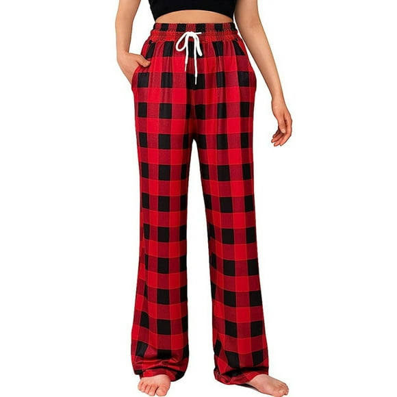 Bellella Ladies Pajama Pants Plaid Lounge Pant Elastic Waist Pj Bottoms Comfy Straight Leg Sleepwear Women Trousers Red 2XL