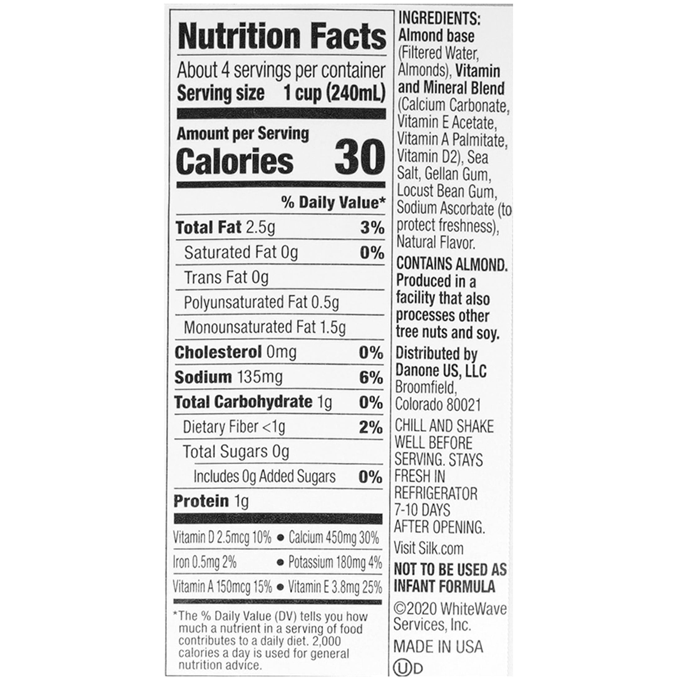 Silk Pure Almond 32 oz. Unsweet, 30 calories, Carton