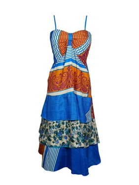Mogul Women Ruffle Dress Spaghetti Strap Recycled Sari Printed Vintage Ethical Fashion S/M