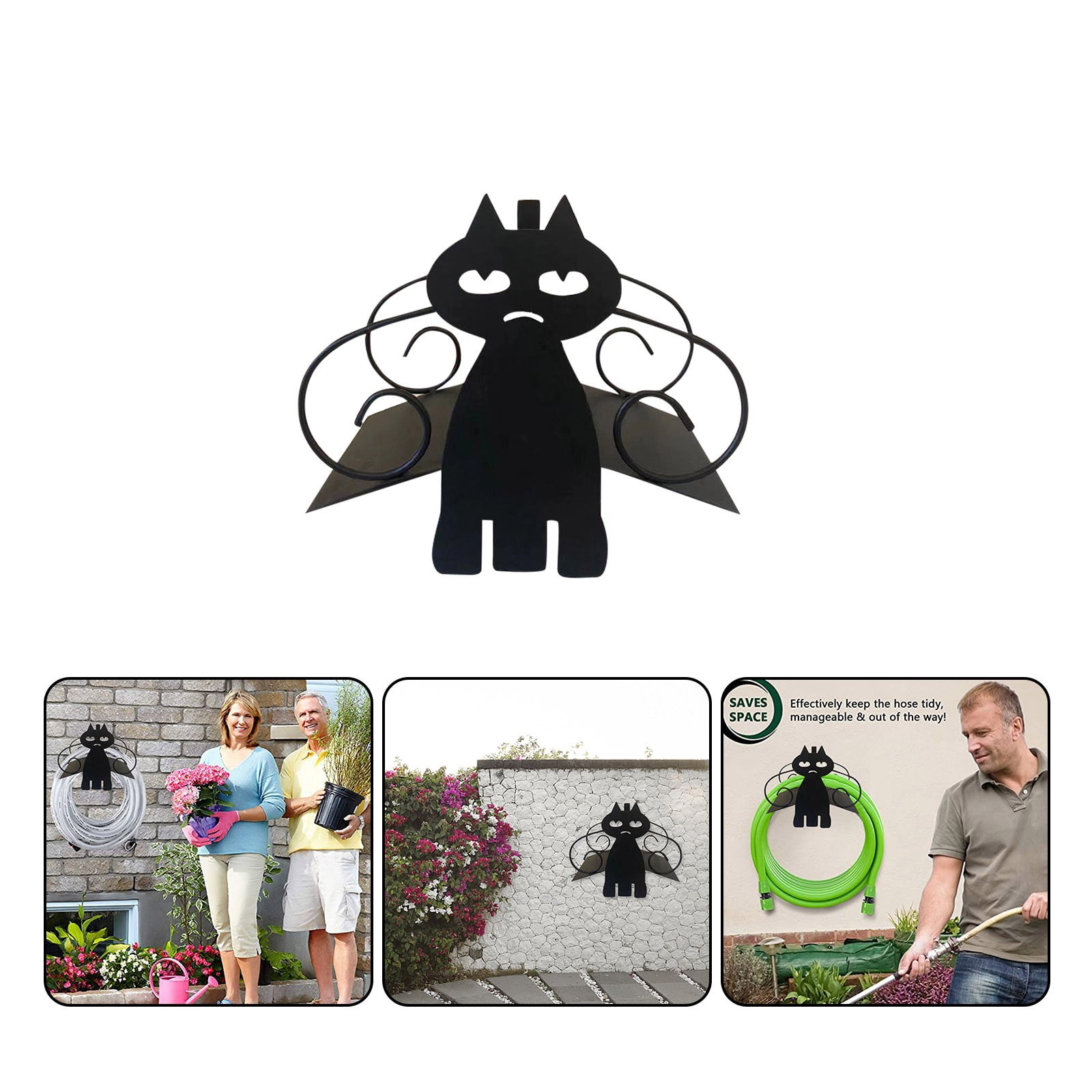 (Clearance) BNNG Black Cats Water Hose Holder, Wall Mount Garden Hose Hanger, Heavy Duty Iron Hose Reel Wall Mounted, Indoor Outdoor Watering Hose Wall Hook, Yard Balcony Water Pipe Storage Rac