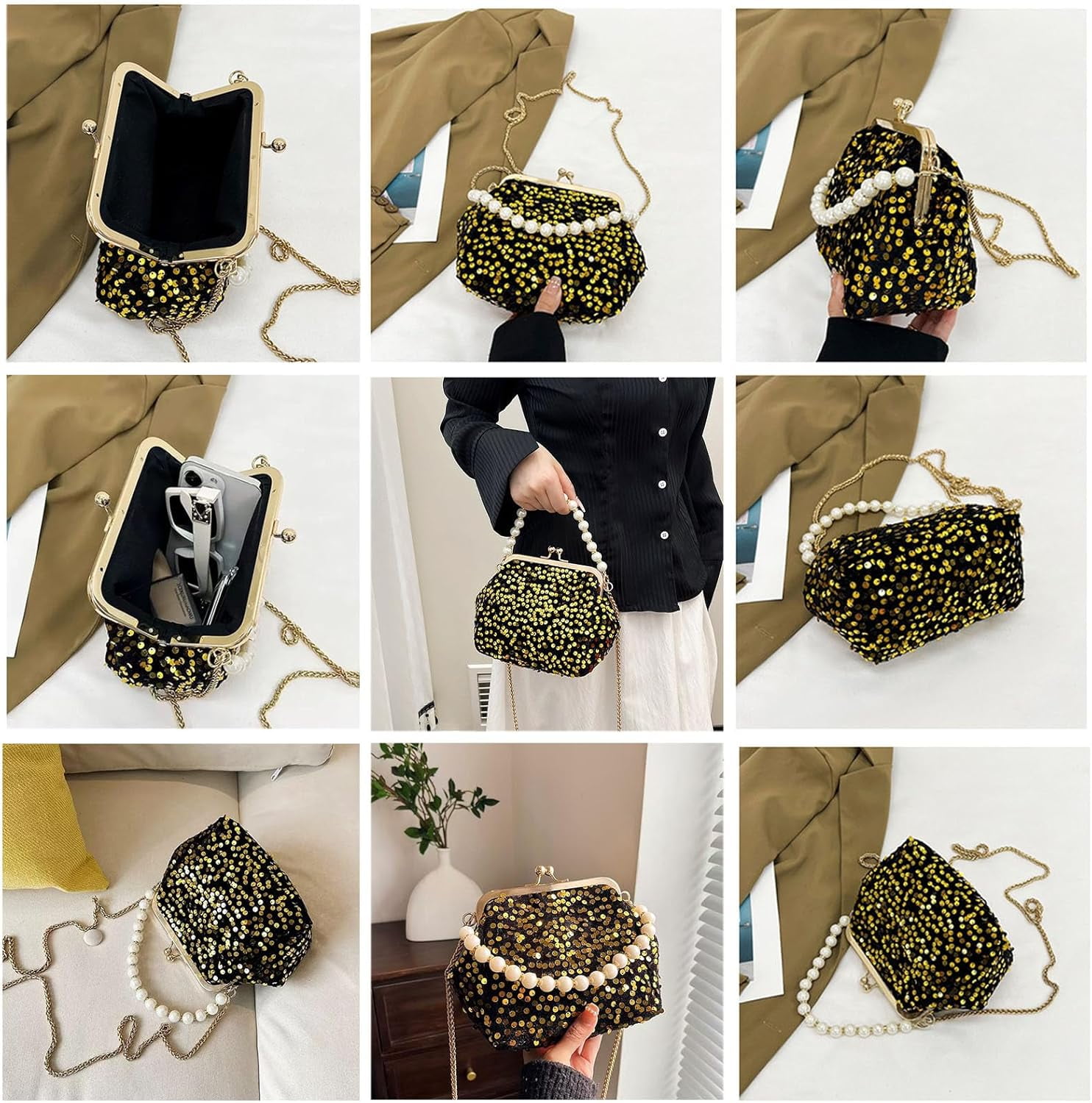 Evening Clutch Purses for Women, Glitter Sequin Crossbody Bag, Elegant Evening Handbag with Pearl for Wedding, Prom