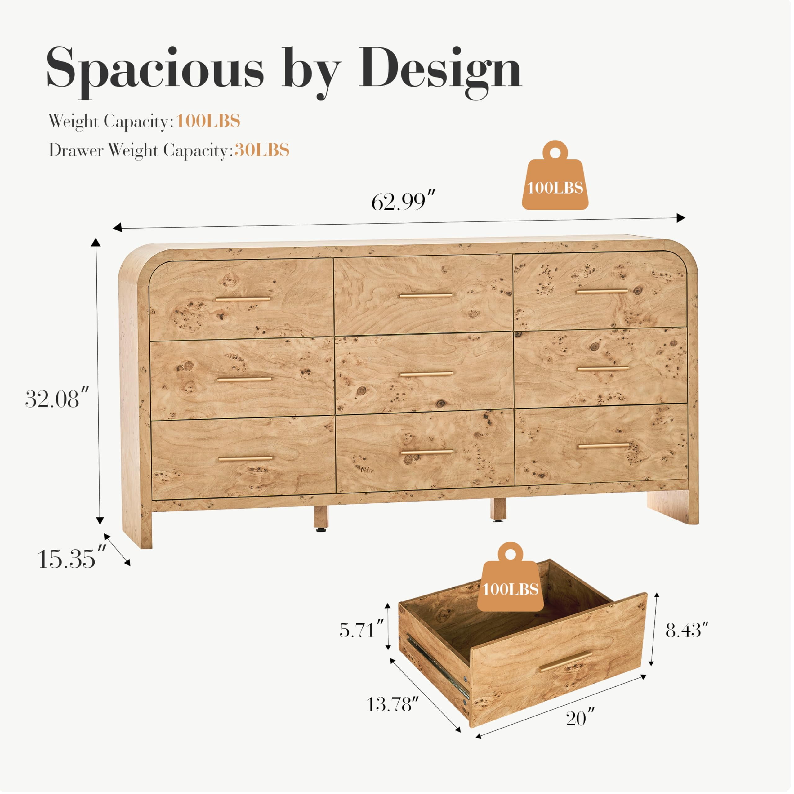 Vintagearth 9 Drawers Dresser for Bedroom, Curved FSC-certified Wood 1.18" Thick Board Dressers & Chests of Drawers for  Living Room, Hallway, Entryway, Light Burl