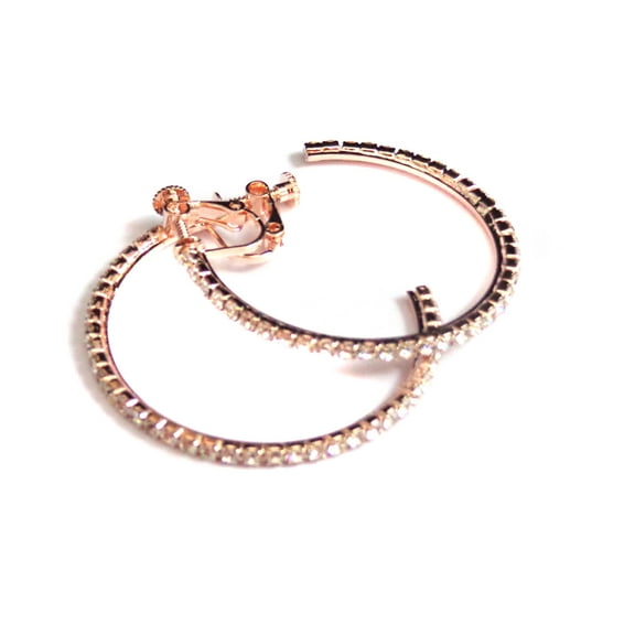 Clip-on Earrings Rhinestone Crystal Rose Gold Tone Hoop Earrings 2 inch Hoop Non Pierced