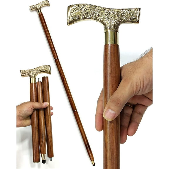 5MOONSUN5's Walking Stick - Men Derby Canes and Wooden Walking Stick for Men and Women - 37" Brown Ebony Brass T Shape Handle in Golden Tone Natural Wood Unisex Cane
