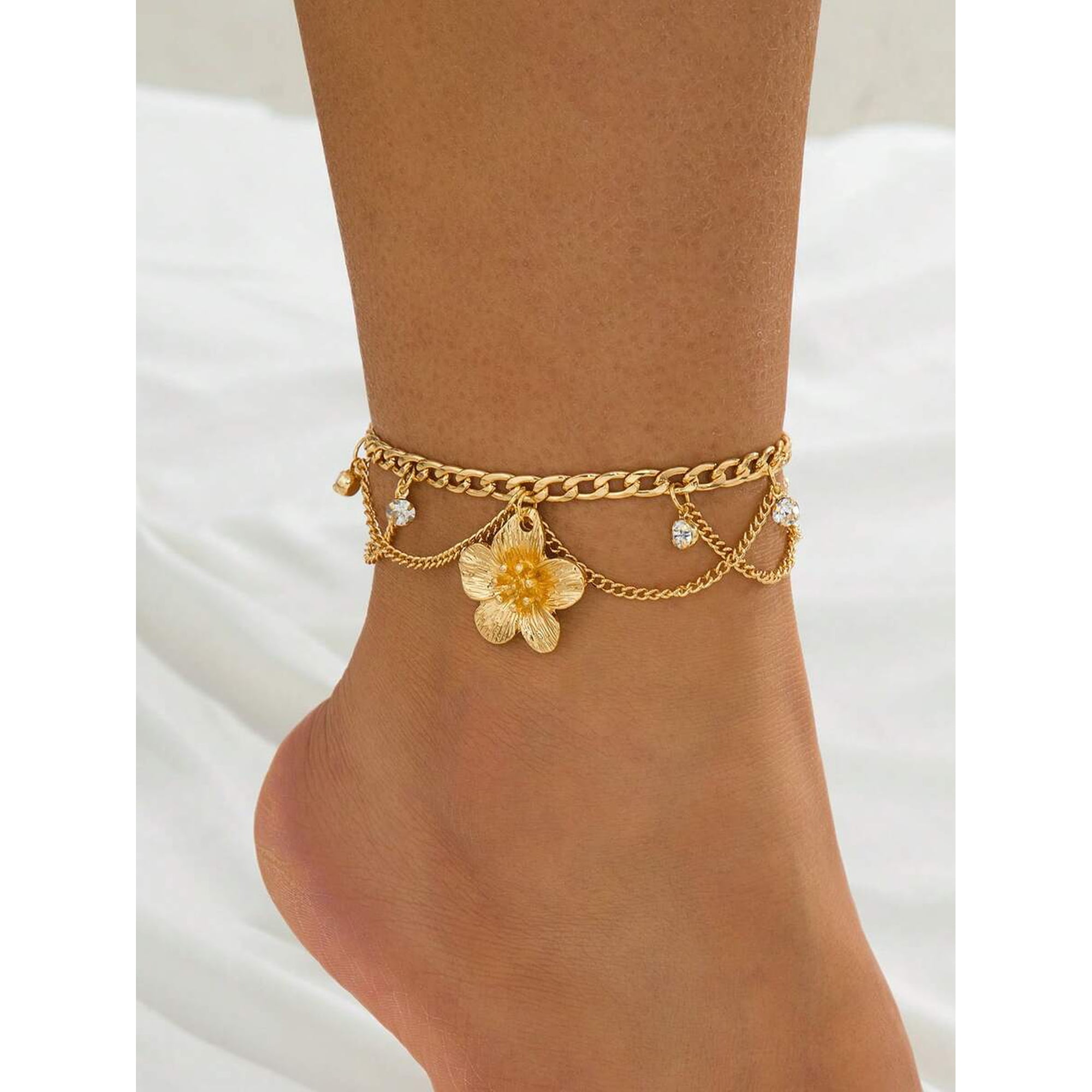 Layered Yellow Gold Anklet With Floral Charm And Crystal Accents