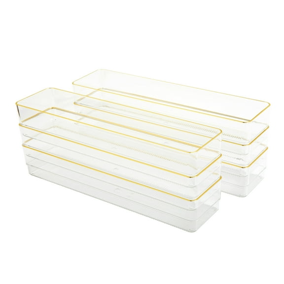 Martha Stewart Kerry 6 Pack Plastic Stackable Office Desk Drawer Organizers with Gold Trim, 12" x 3"