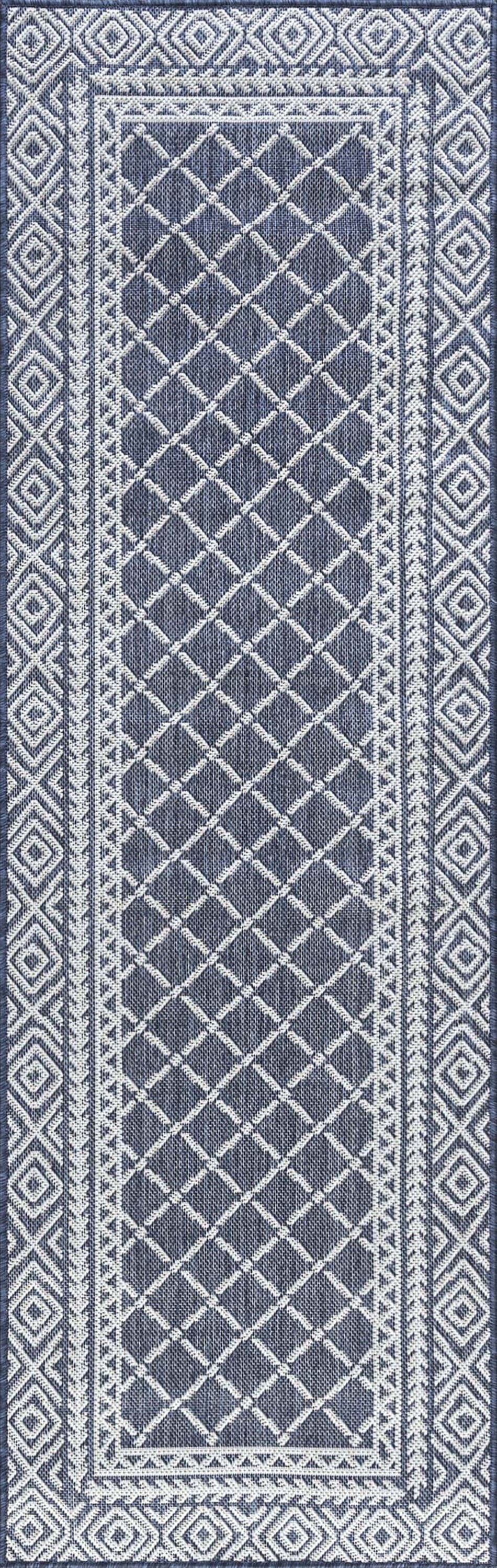 Bliss Rugs Diamond Indoor Outdoor Rug Water Resistant Runner Rug for Patio, Hallway, Entryway, Deck, Navy ,2' x 8'