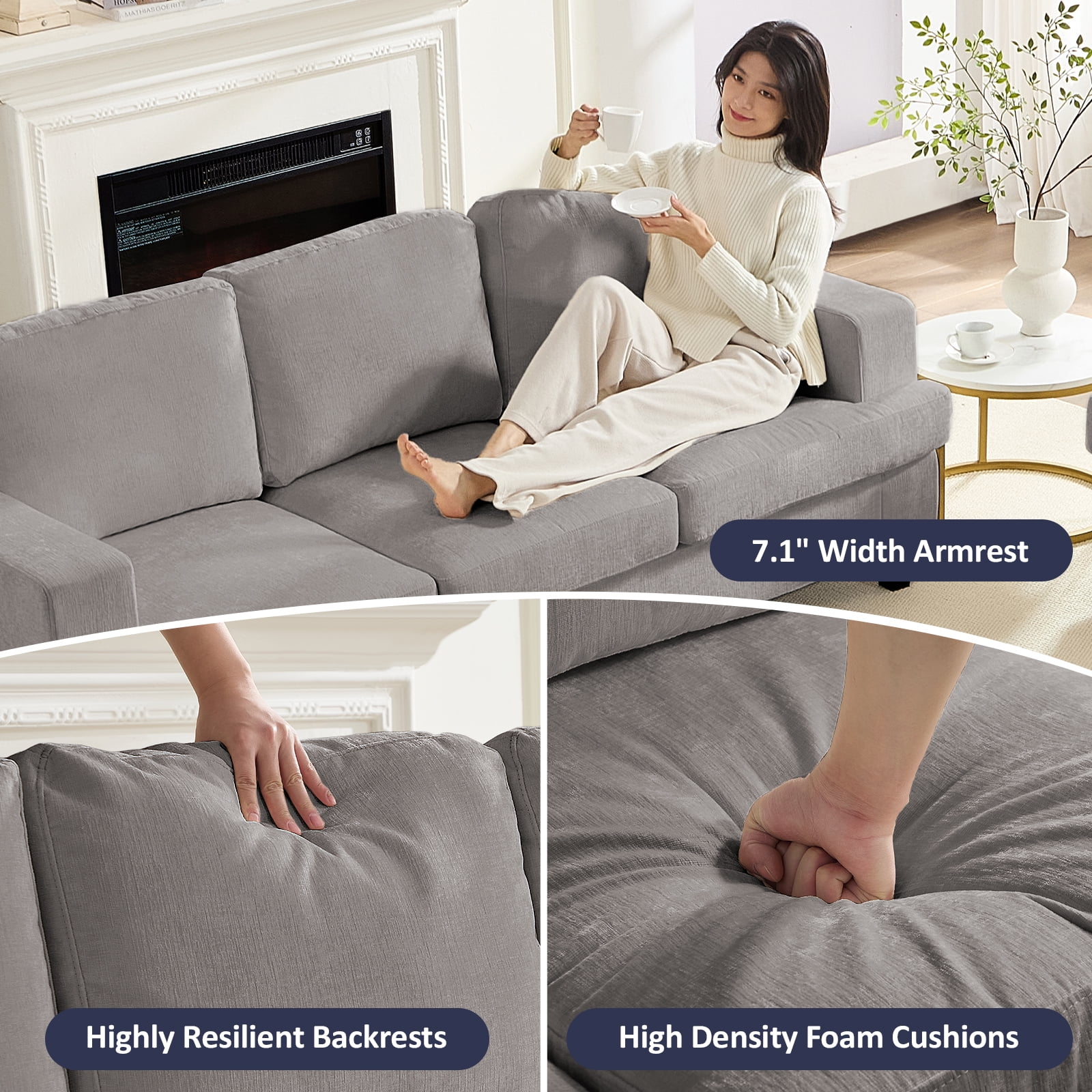ZAFLY 82” Deep Seat Couch with Wide Armrest, Oversized Sofas and Couches for Small Space/Living Room - Light Gray