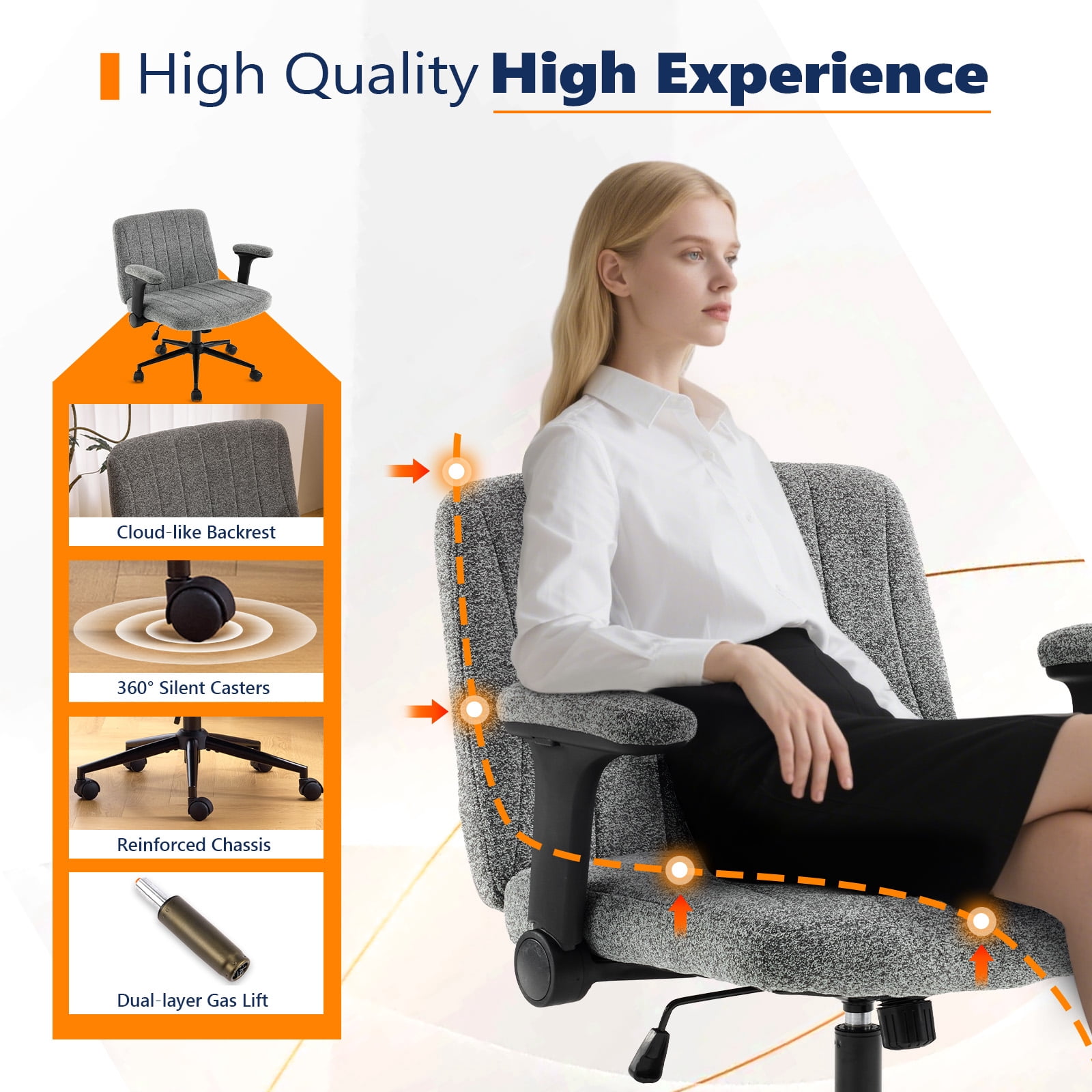 Ktaxon Office Chair with Chenille Fleece Upholstery, Flip-Top Armrest Desk Chair on Metal Star Base, Adjustable Height & Quiet Casters for Home Study Gray