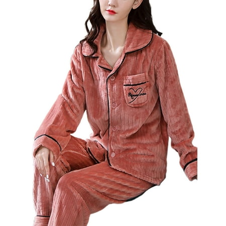 

Avamo Women Sleepwear Button Down Nightgown Long Sleeve Pajamas Sets Winter Warm Two Pieces Outfits Nightwear Baggy Lapel Lounge Set Light Red XS