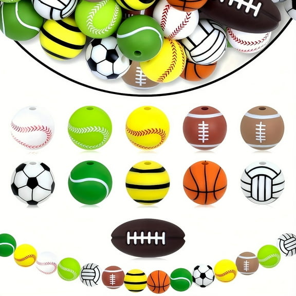 50pcs 15mm Sports Ball Silicone Beads Set - Soccer Baseball Basketball Volleyball Design, Multi-Color Game Day Collection for DIY Keychains & Bracelets
