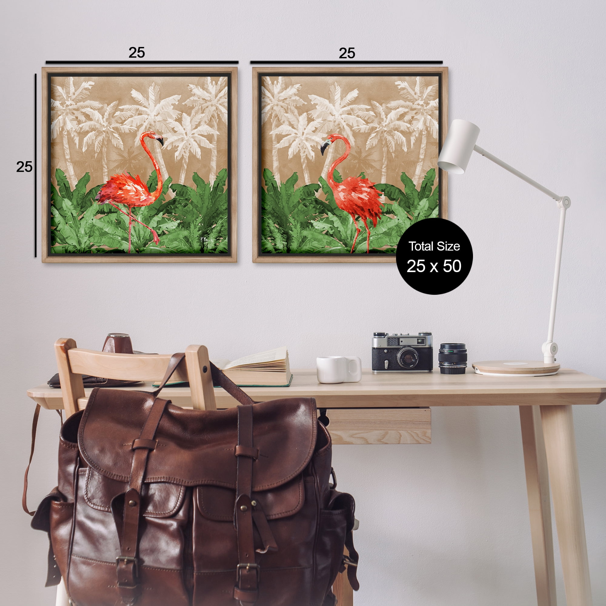 Stupell Industries Flamingoes in the Jungle Animals Painting Brown Floater Framed Canvas Art Print Wall Art, 25 x 25, Set of 2
