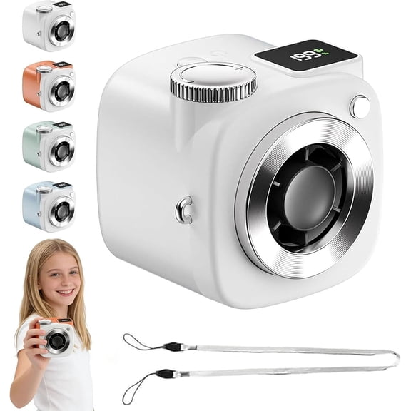 Mini Camera Shaped Portable Fan with Lanyard, Cute Camera Shaped Mini Fan, Smart LED Display, Lightweight Personal Fan for Outdoor, Office, Desk Use, Travel Camping (White)