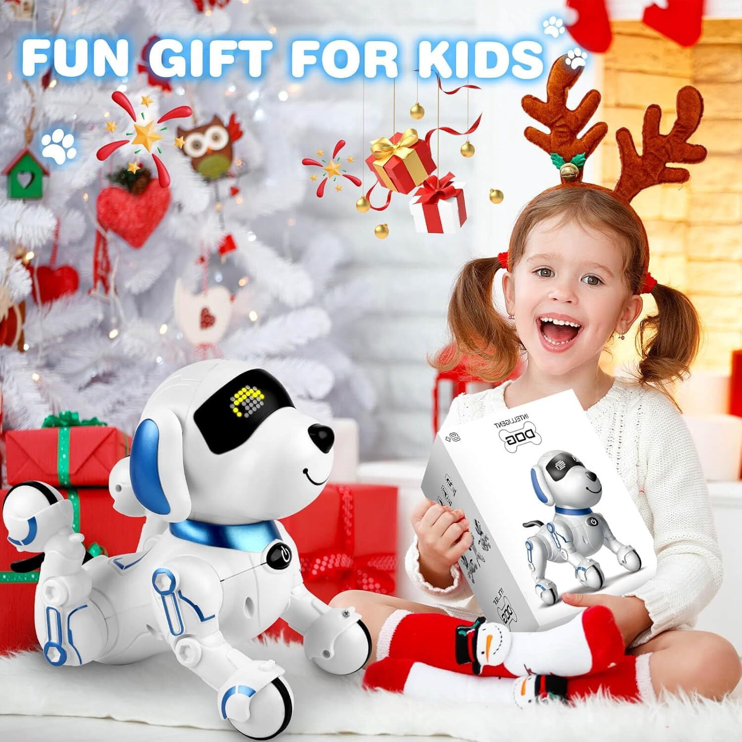 Remote Control Robot Dog, Smart Programmable RC Electronic Pet Puppy with Early Education Function, White/Blue