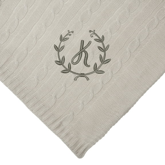 Personalization Mall Floral Wreath Initial Cable Knit Throw Blanket , Tan, 50"x60"