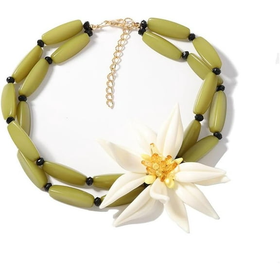 Large Flower Bamboo Pendant Choker Necklace for Women Fashion Unique White Blossom Green Chain Adjustable Creative Tropical Statement Holiday Vacation Jewelry