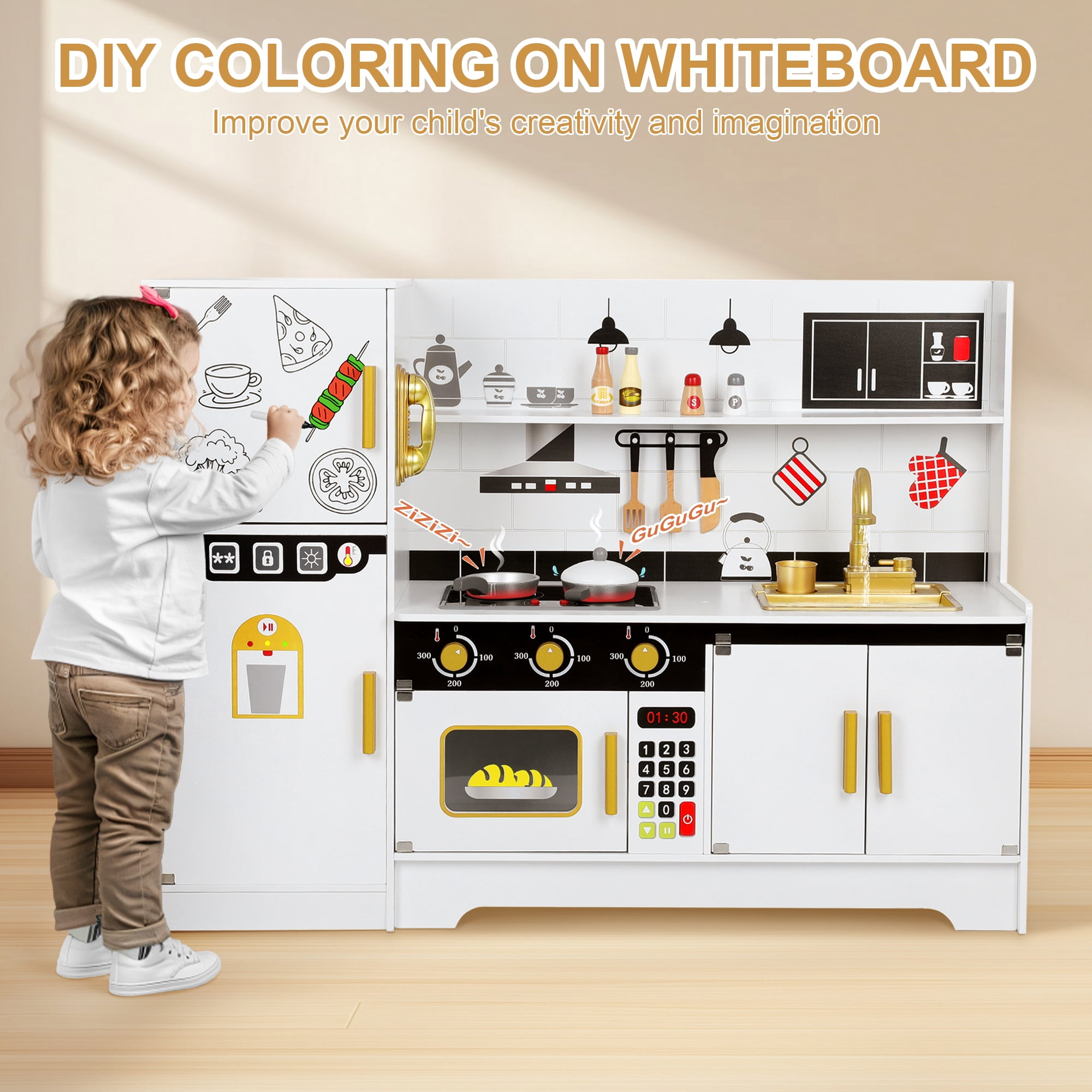Wisairt Pretend Play Kitchen Set, 43.7" Extra Long Wooden Play Kitchen for Kids w/ Chef's Costume, Telephone, Stove, Sink, Oven, Realistic Lights Sounds - White & Gold