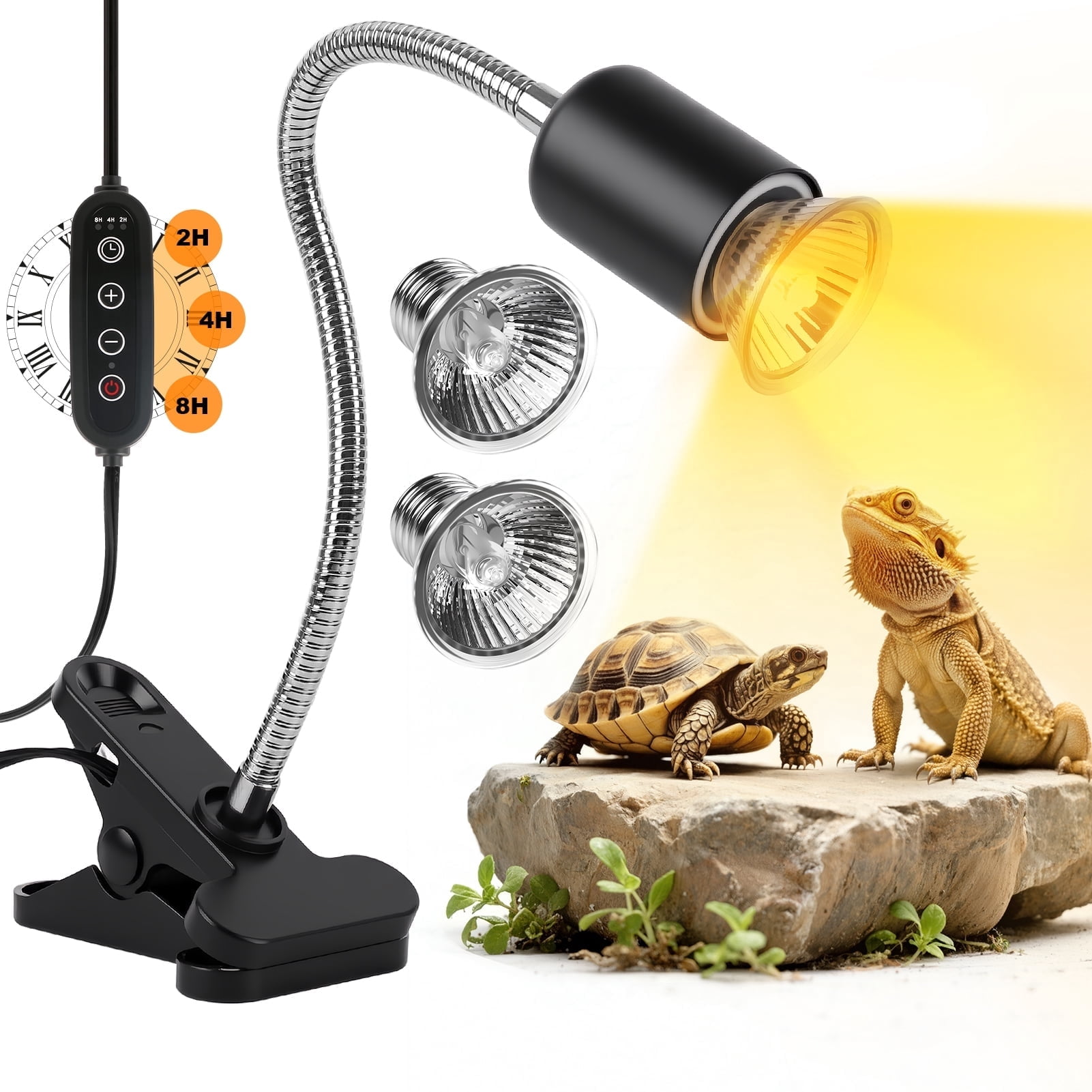 TAYAPURA Reptile Heat Lamp with Clamp, UVA UVB Reptile Light, Timer & Dimming, 360° Rotatable for Bearded Dragon Lizard Snake Amphibians, 2 Bulbs 50W