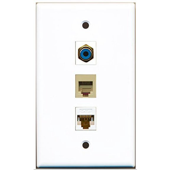 RiteAV - 1 Port RCA Blue and 1 Port Phone RJ11 RJ12 Beige and 1 Port Cat6 Ethernet White Wall Plate