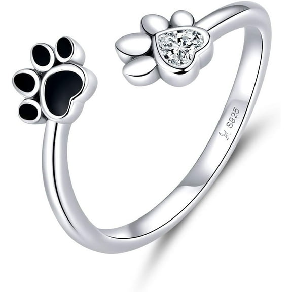 Cute Puppy Dog Cat Pet Paw Print Ring Sterling Silver 925 for Women Adjustable Fake CZ Diamond Animal Footprint Finger Wrap Band Promise Engagement Rings Fashion Jewelry