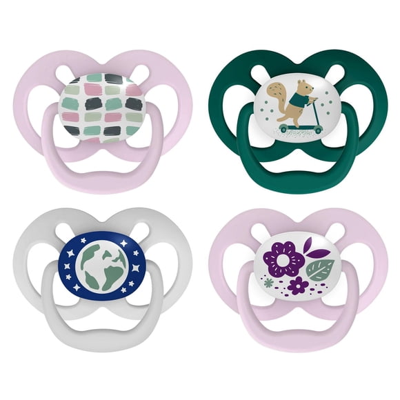 Dr. Brown's Advantage 100% Silicone, Glow in the Dark Pacifier Scooter Squirrel and Flowers, Purple, 6-18M, 4 pack