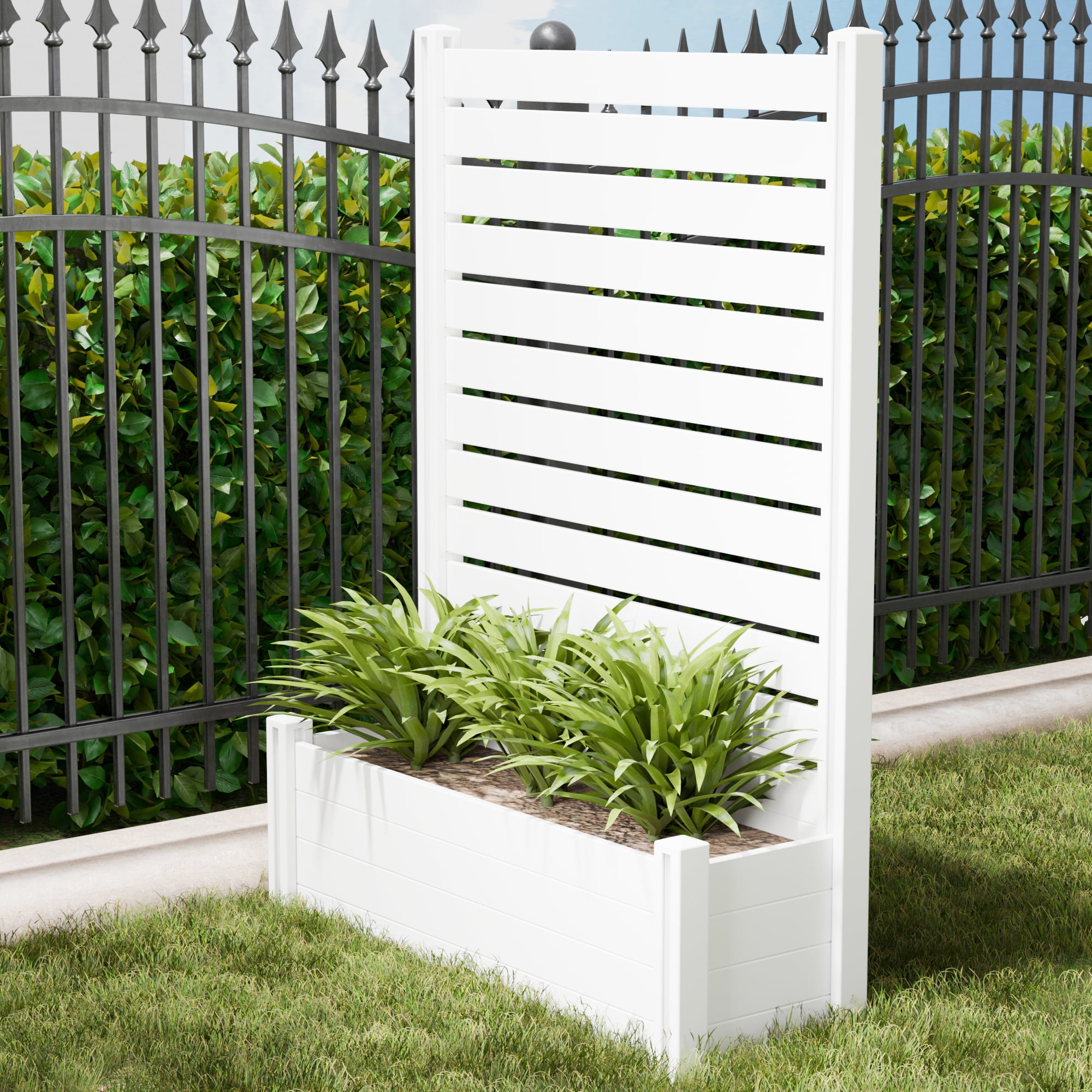 MAYEERTY 2-Piece Outdoor White PVC Rectangular Planter Box with Trellis for Climbing Plants, Raised Garden Bed