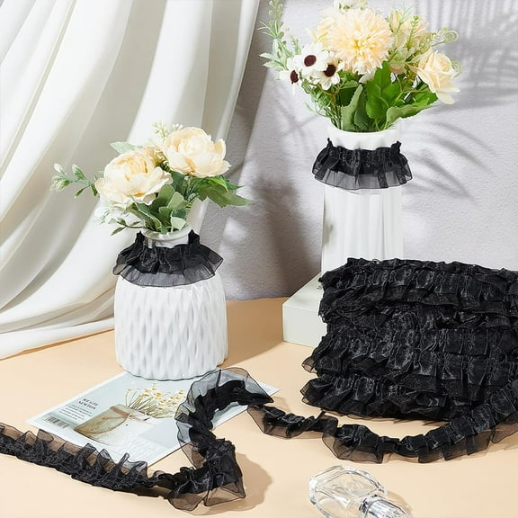 20M Double Satin Lace Edge Trim Organza Lace Ribbon Pleated Ribbon for Garment Accessories Black 1-5/8 inch(40mm) about 21.87 Yards(20m)/set