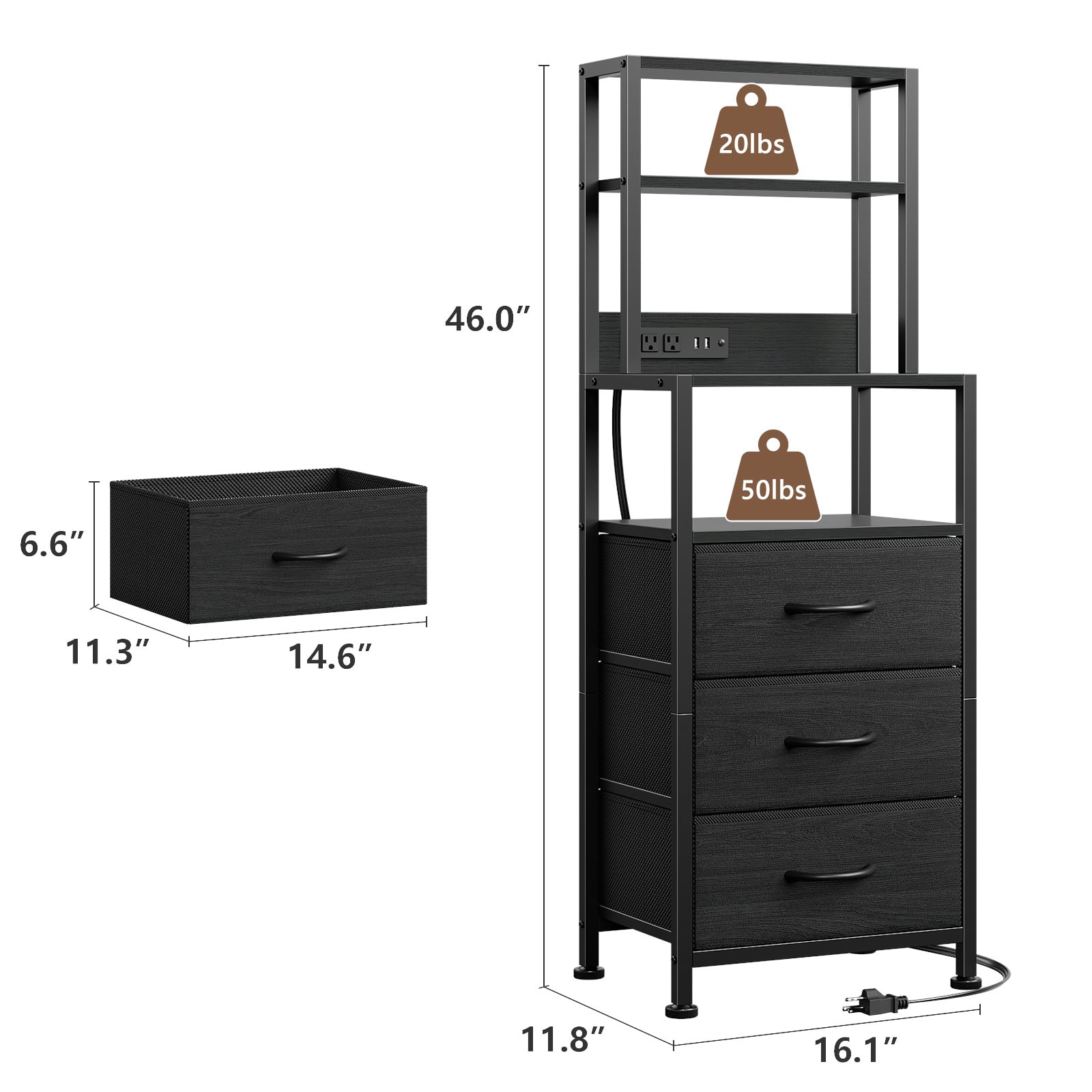 Satifur Tall LED Nightstand,Bedside Table with Charging Station,3 Fabric Drawers & Shelfs for Bedroom Living Room,Black Oak