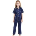thumbnail image 5 of MIXUE Girls Outfit Sets Kids Summer Silk Satin Solid Color V Neck Button Down Short Sleeve Shirts Tops Shorts Pants 3 Pieces Sleepwear Outwear,Blue,6-7 Years, 5 of 5