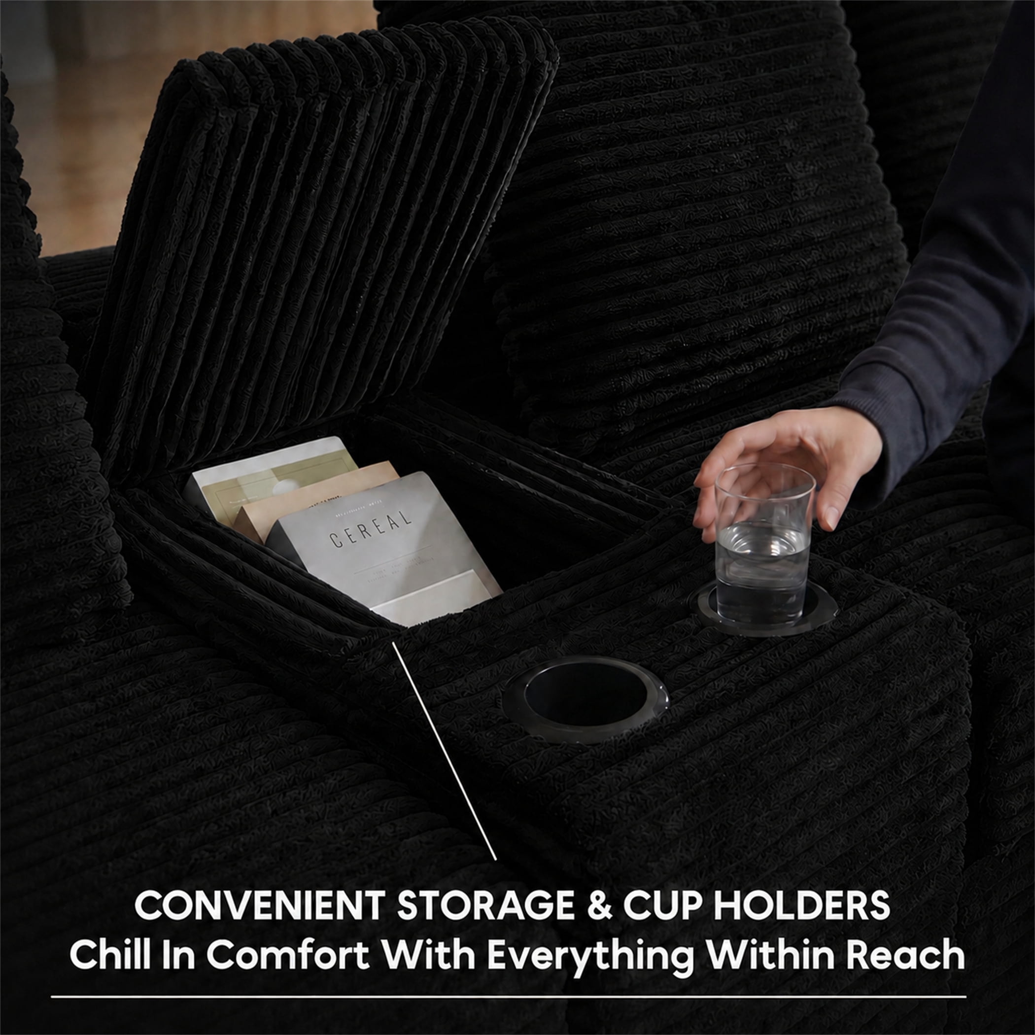 Aukfa 140" U-Shaped Cloud Sectional Sofa Oversized Boneless Couch with Cup Holder Storage Console Modular Couch for Living Room, Corduroy, Black