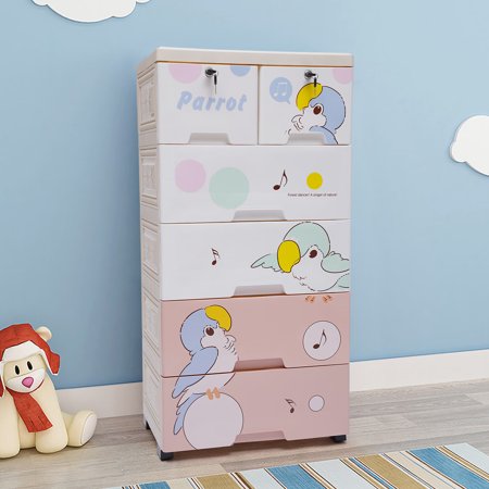 Aiqidi 6 Plastic Drawers Dresser  5 Layers Storage Cabinet Tower Chest Bedroom Closet Organizer w/Wheels and Locks (Parrot)