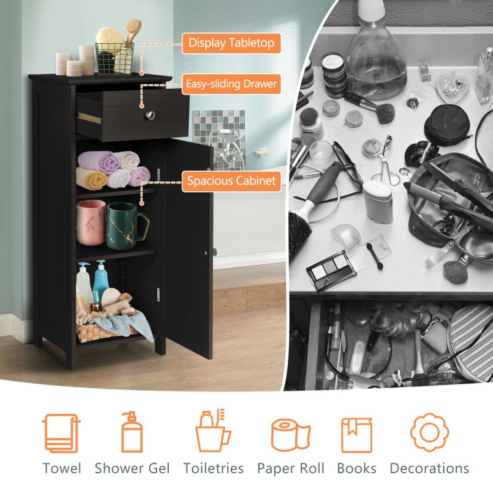 Finihen Storage Cabinet, Floor Cabinet, Wooden Storage Free-Standing Floor Cabinet with Drawer and Shelf, for Bathroom, Living Room, Bedroom, Kitchen, Brown
