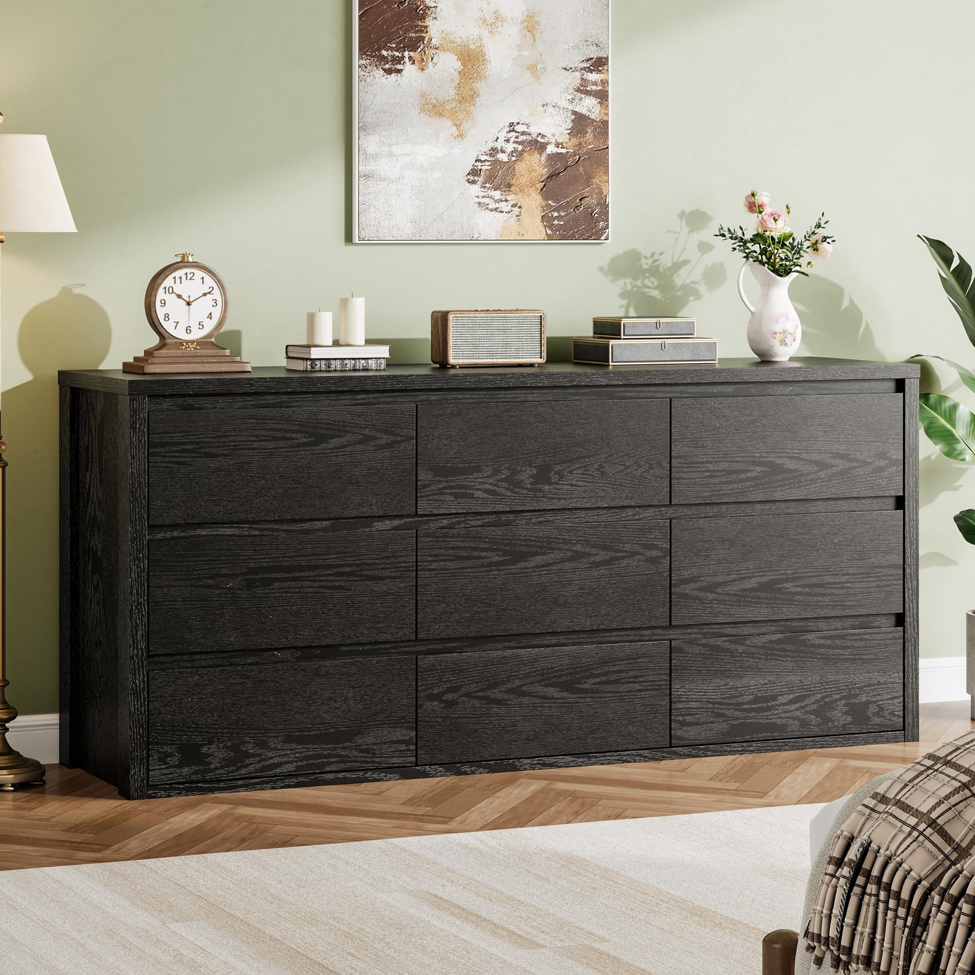 9 Drawer Dresser for Bedroom, Wide Chest of Drawers with Handleless Design, Large Wood Storage Organizer for Living Room Hallway Entryway, Black