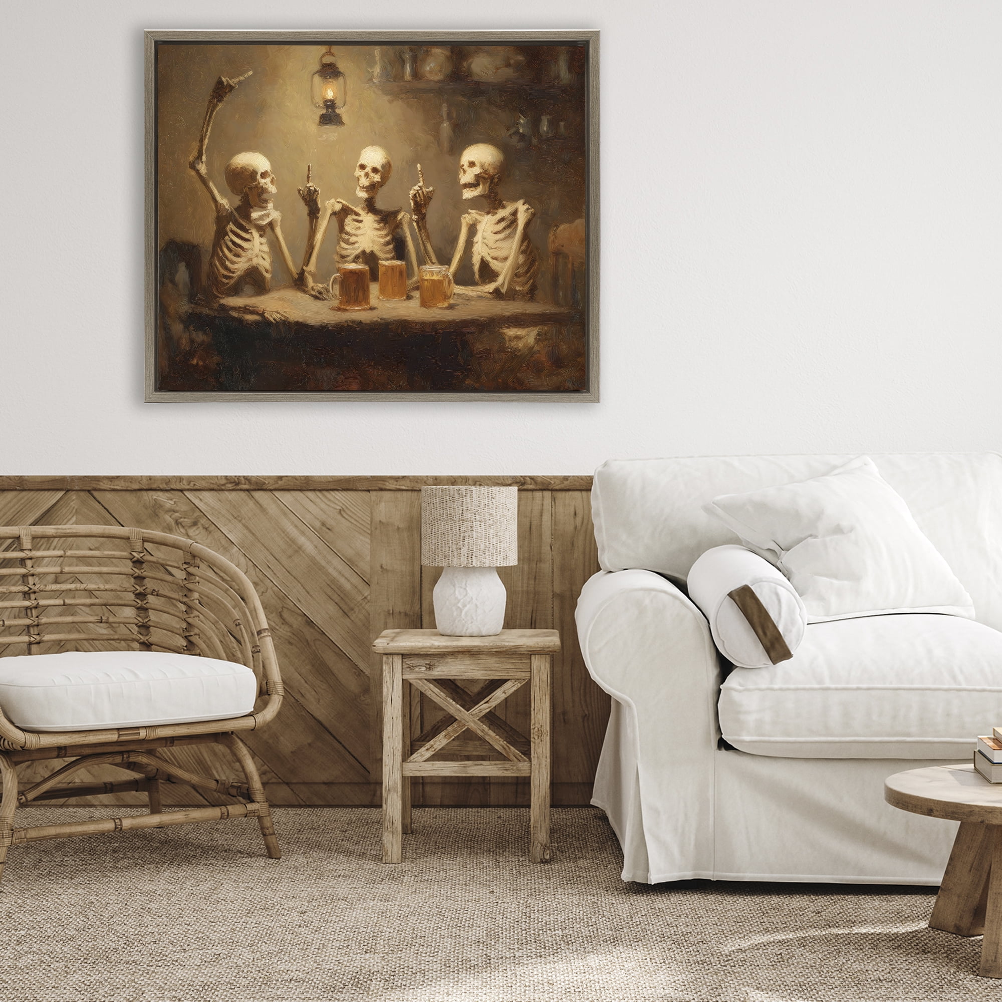 Skeletons Drinking at Tavern Brown Framed Floater Canvas Wall Art, design by Arlington Prints