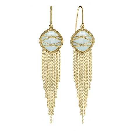 5th & Main 18kt Gold over Sterling Silver Hand-Wrapped Drape Chain Squared Chalcedony Stone Earrings