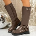 thumbnail image 3 of Womens Fall Platform Mid Calf Work Boots Winter Buckles Square Toe Chunky Heels Knee High Motorcycle Riding Tall Boots, 3 of 6