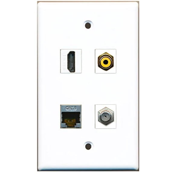 RiteAV - 1 Port HDMI 1 Port RCA Yellow 1 Port Coax Cable TV- F-Type 1 Port Shielded Cat6 Ethernet Wall Plate