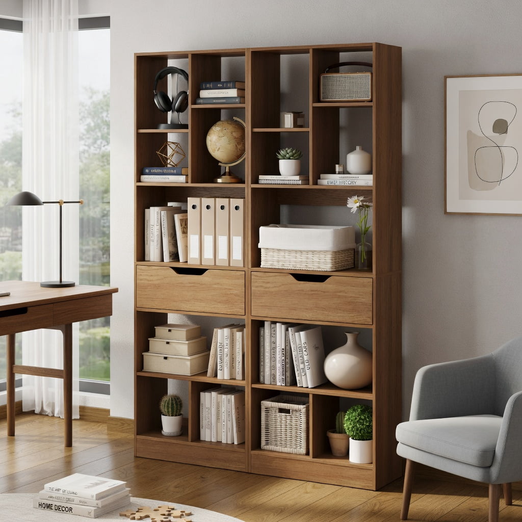 GVN 61inch Tall Freestanding Bookcase 8-Cube Storage Organizer with Drawer Multi-Use Open Shelves for Home Office Study Living Room Books Decor Display, Natural