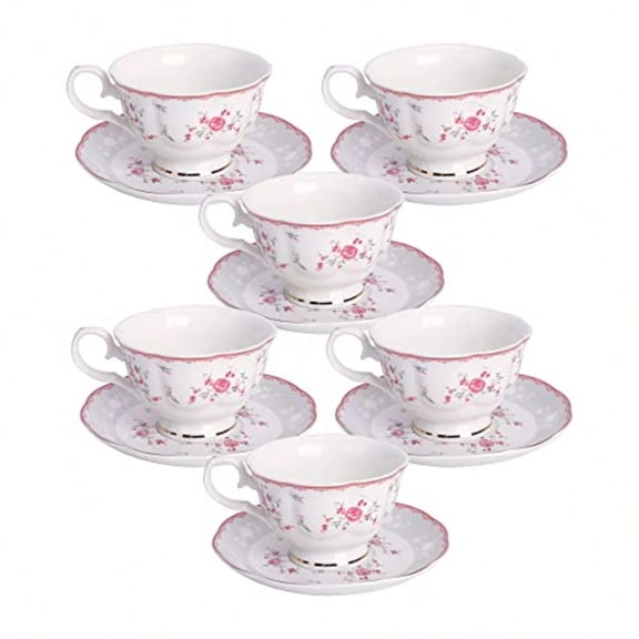 Pink Rose Tea Cup And Saucer Set For 6 British Vintage Afternoon Cup Set Porcelain Coffee Cup With Gold Border 5 Oz