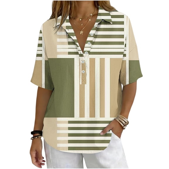 TEAJOPSUU Womens Cotton Tops Fashionable Print Half Button-Down Placket Short Sleeve V-neck Loose Fit Shirt for Summer Daily B-Olive Green