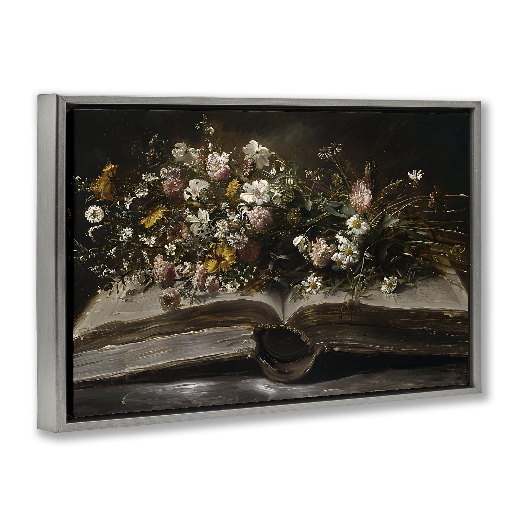Stupell Industries Antique Floral Open Book Gray Framed Floater Canvas Wall Art, design by Jacky Ngan