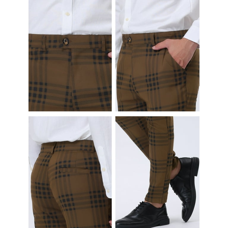 Unique Bargains Men's Plaid Pants Casual Slim Fit Flat Front