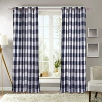 Decotex 2 Piece Plaid Courtyard Buffalo Checkered Grommet Top Window Curtain Panel Drapes (2 Panels 53" X 63", Navy Blue/Beige)
