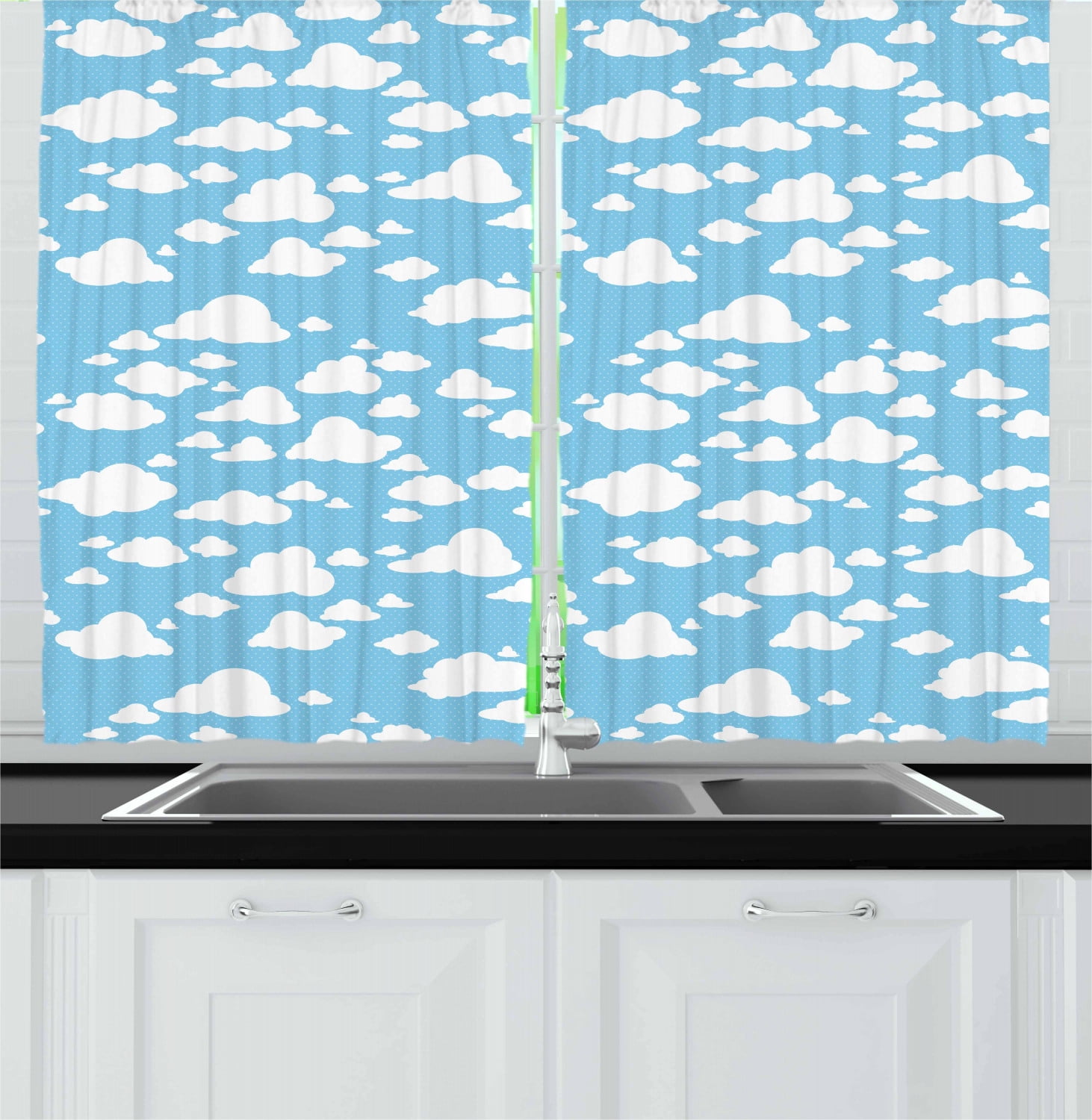 Blue Curtains 2 Panels Set, Clear Summer Sky Pattern with Clouds Dotted Background Cartoon Style Kids Design, Window Drapes for Living Room Bedroom, 55W X 39L Inches, Sky Blue White, by Ambesonne
