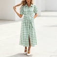 thumbnail image 2 of Women's Casual Dresses Gingham Shirt Midi Dress with Puff Short Sleeves Summer Long Shirt Sundress Green S, 2 of 7