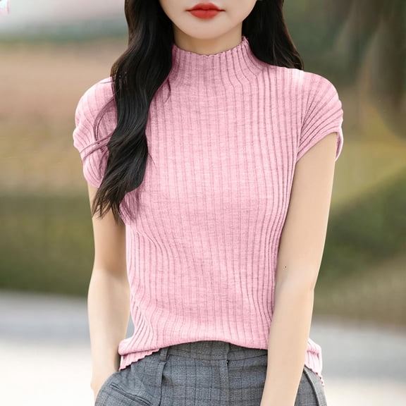 jtjvou Women's Mock Neck Short Sleeve Blouses Ribbed Knit Top Casual Slim Fit Tee Shirt Textured Business Casual Outfits Pink XXL